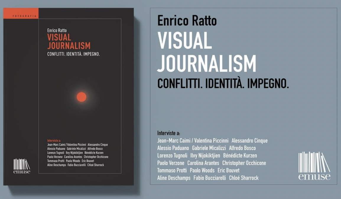 Cover Image for Visual Journalism book publication. Conflicts. Identity. Engagement. Written by Enrico Ratto (Emuse)